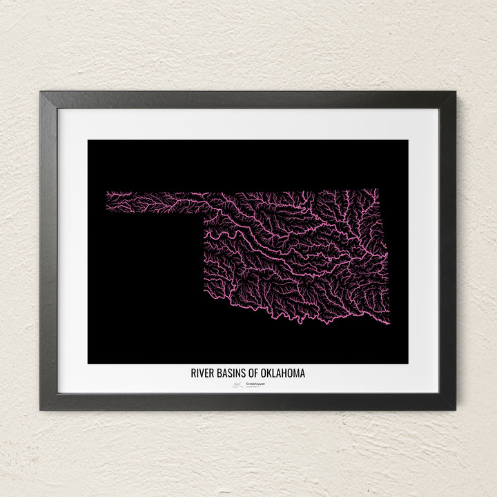 A colorful Grasshopper Geography river map on a light wall. The premium fine art poster is in a black frame with a white border. The name of the country, continent or region is printed under the image.