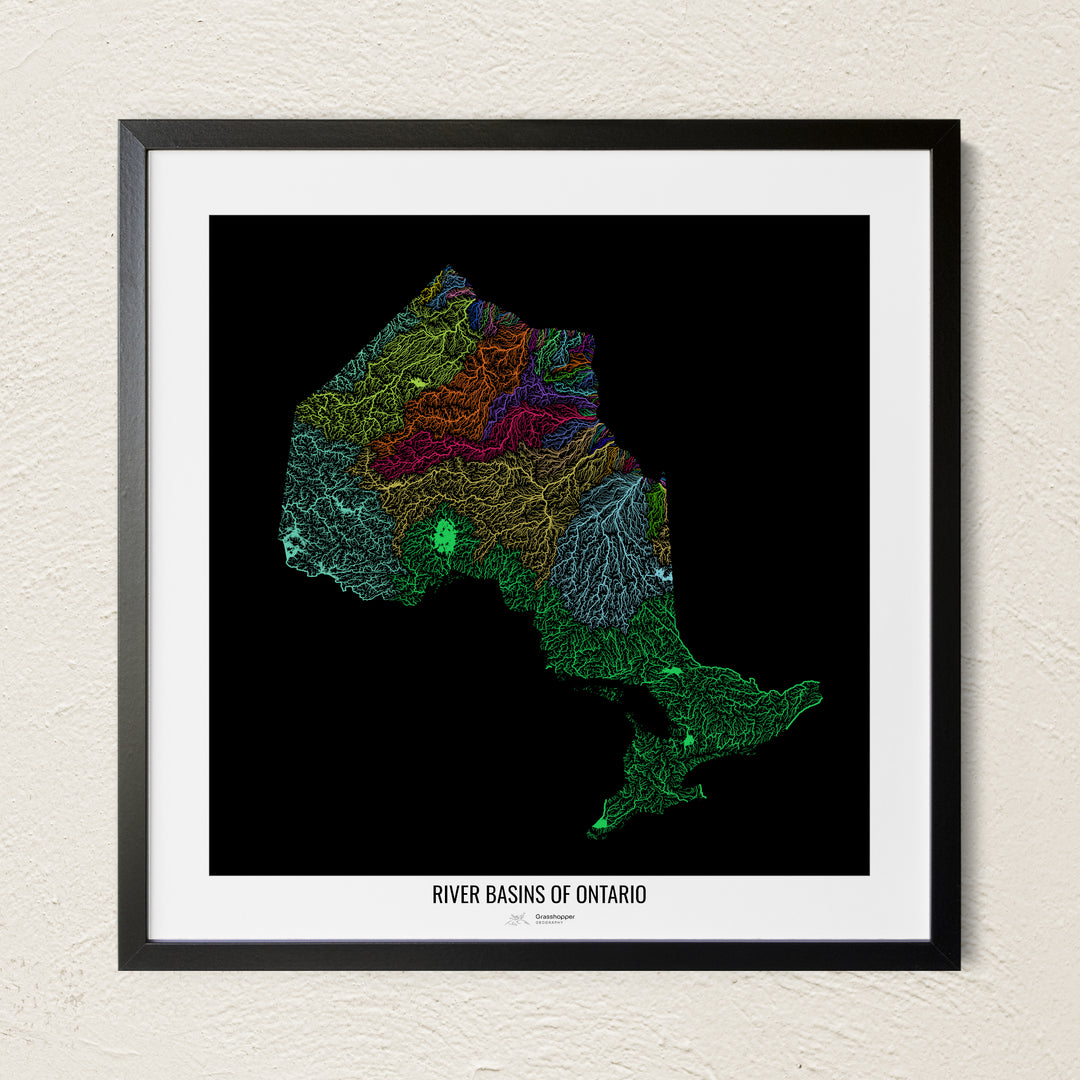 A colorful Grasshopper Geography river map on a light wall. The premium fine art poster is in a black frame with a white border. The name of the country, continent or region is printed under the image.