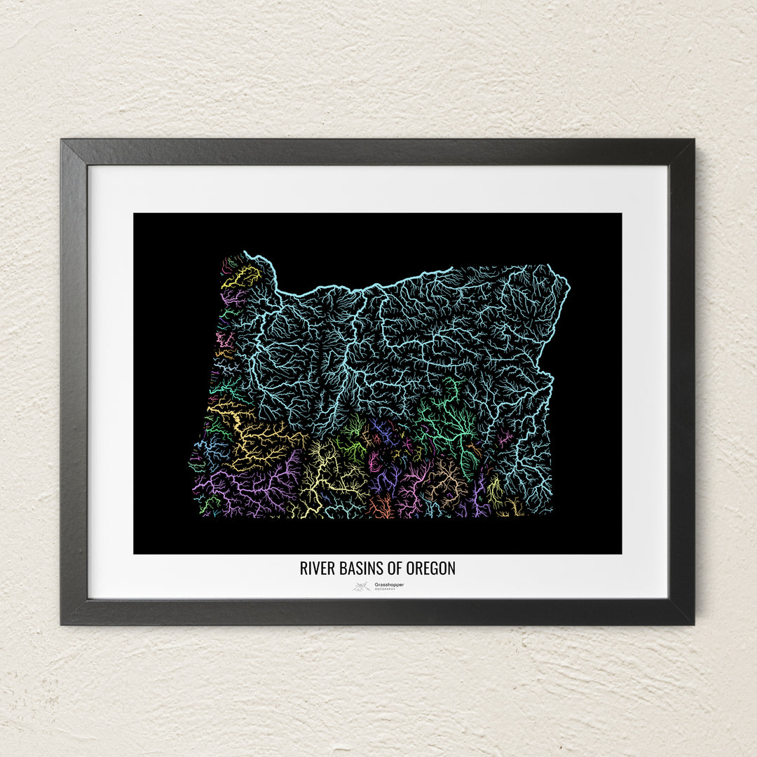 A colorful Grasshopper Geography river map on a light wall. The premium fine art poster is in a black frame with a white border. The name of the country, continent or region is printed under the image.
