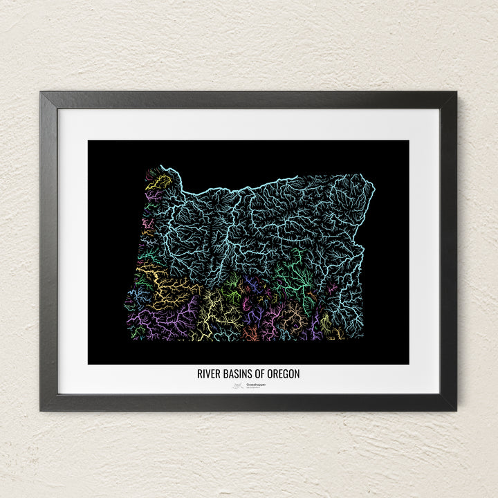 A colorful Grasshopper Geography river map on a light wall. The premium fine art poster is in a black frame with a white border. The name of the country, continent or region is printed under the image.