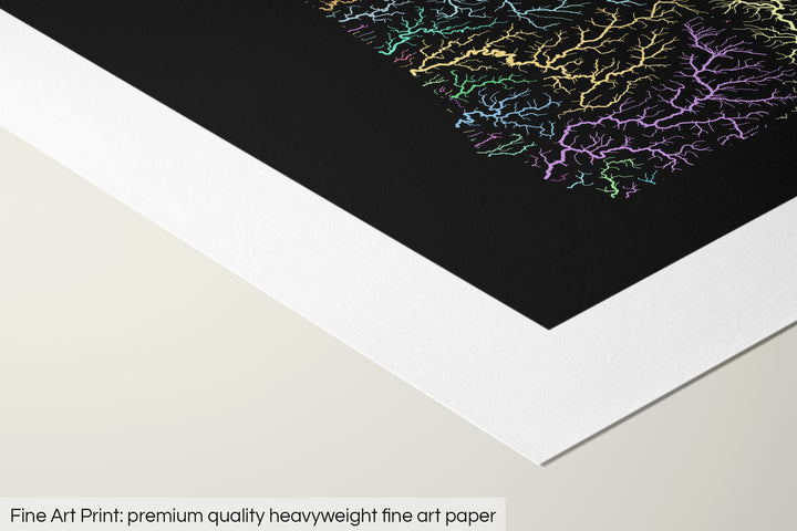 Closeup of a fine art print's corner lying on a flat surface, the details of a Grasshopper Geography map is visible. The text at the bottom reads: Fine art print - premium quality heavyweight fine art paper.