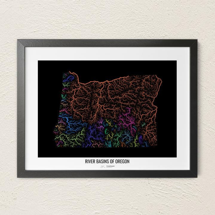 A colorful Grasshopper Geography river map on a light wall. The premium fine art poster is in a black frame with a white border. The name of the country, continent or region is printed under the image.