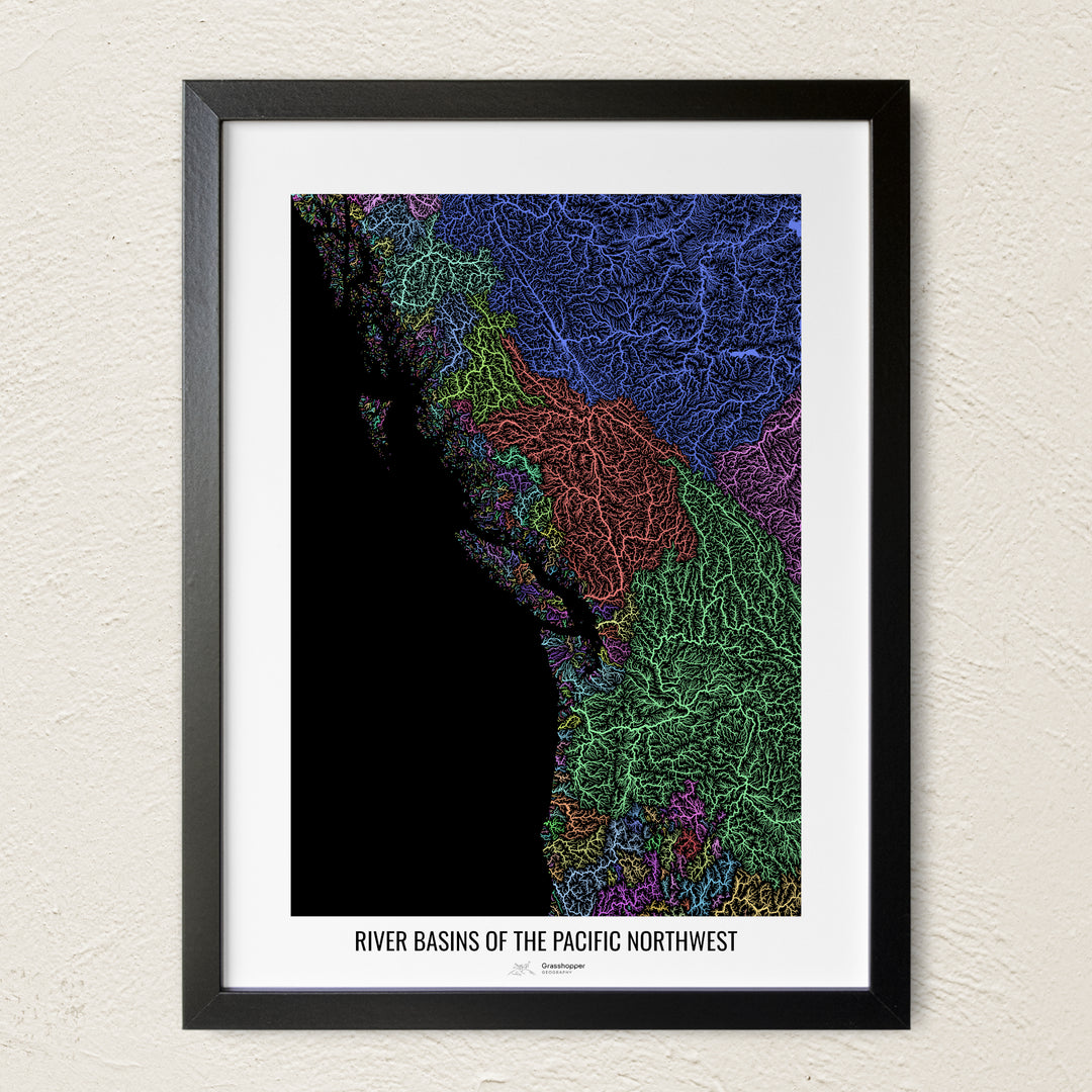 A colorful Grasshopper Geography river map on a light wall. The premium fine art poster is in a black frame with a white border. The name of the country, continent or region is printed under the image.