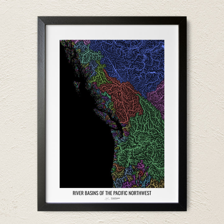 A colorful Grasshopper Geography river map on a light wall. The premium fine art poster is in a black frame with a white border. The name of the country, continent or region is printed under the image.