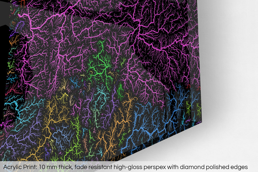 Closeup of an acrylic panel's corner, the details of a Grasshopper Geography map is visible. The text at the bottom reads: Acrylic print - 10 mm thick, fade reistant high-gloss perspex with diamond polished edges.