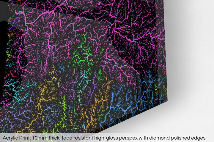 Closeup of an acrylic panel's corner, the details of a Grasshopper Geography map is visible. The text at the bottom reads: Acrylic print - 10 mm thick, fade reistant high-gloss perspex with diamond polished edges.