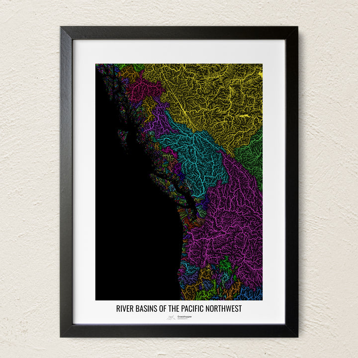 A colorful Grasshopper Geography river map on a light wall. The premium fine art poster is in a black frame with a white border. The name of the country, continent or region is printed under the image.