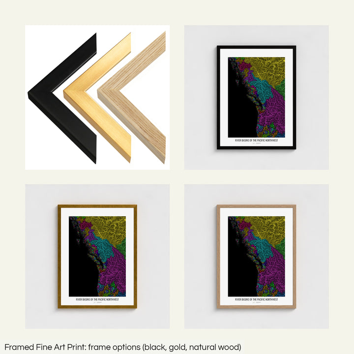 The image shows the different frames available at Grasshopper Geography's map shop: black, golden and natural wood. The image is a collection of four smaller pictures: the first one shows the wooden frames up close, the other three are mockups of the printed map in each frame.