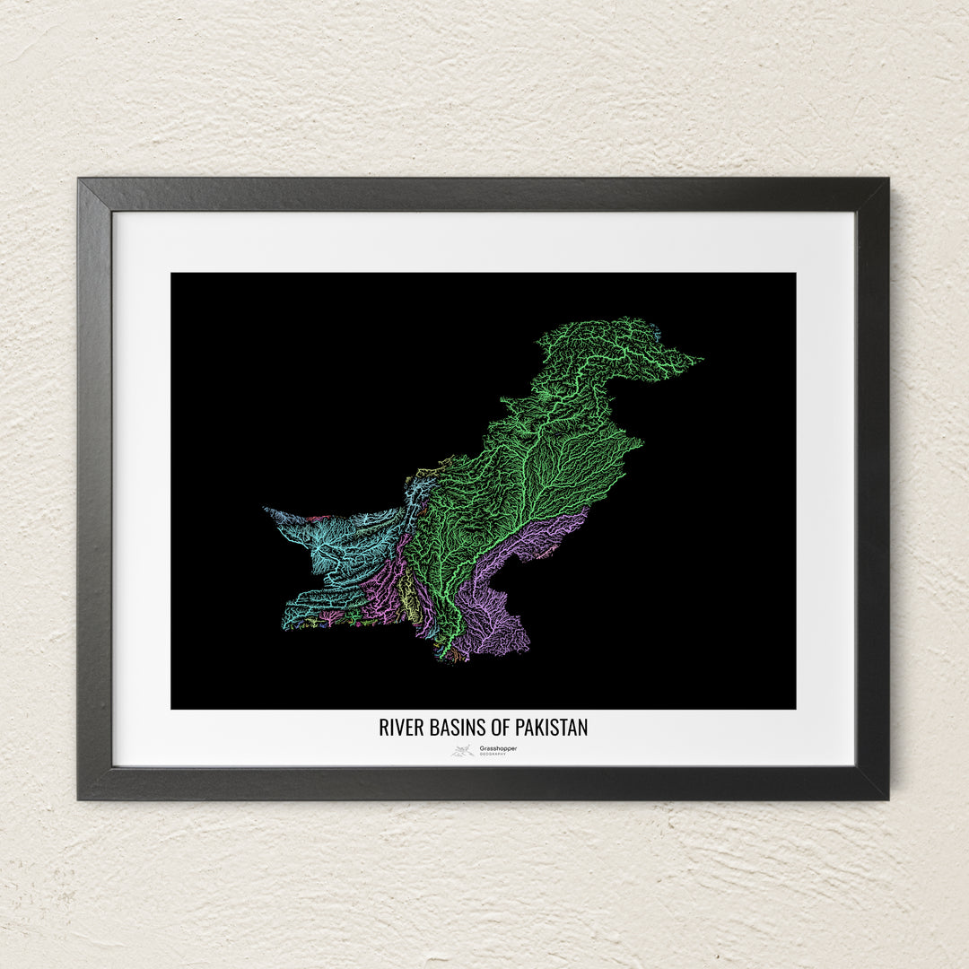 A colorful Grasshopper Geography river map on a light wall. The premium fine art poster is in a black frame with a white border. The name of the country, continent or region is printed under the image.