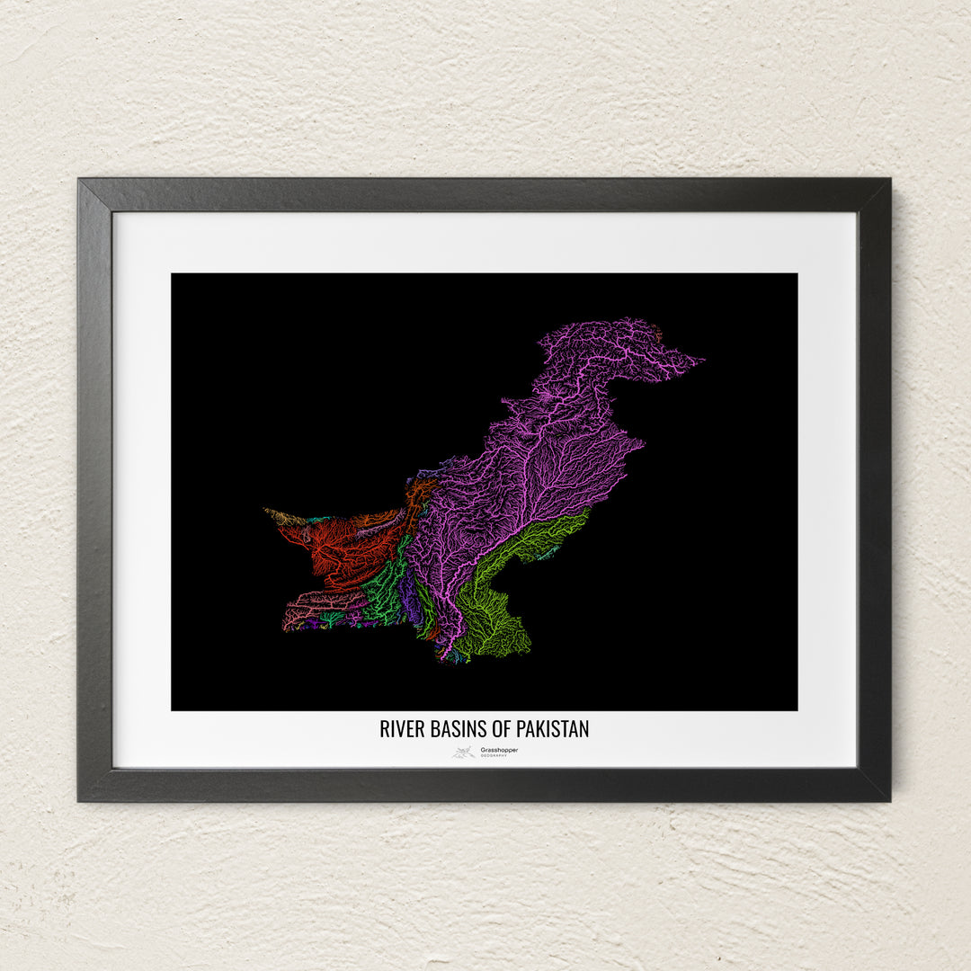 A colorful Grasshopper Geography river map on a light wall. The premium fine art poster is in a black frame with a white border. The name of the country, continent or region is printed under the image.