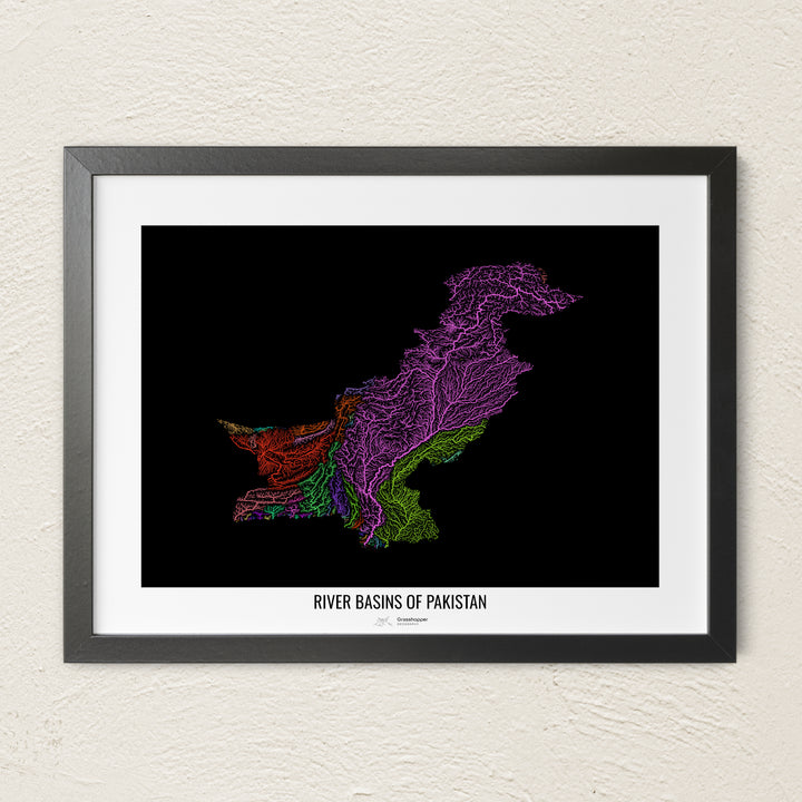 A colorful Grasshopper Geography river map on a light wall. The premium fine art poster is in a black frame with a white border. The name of the country, continent or region is printed under the image.