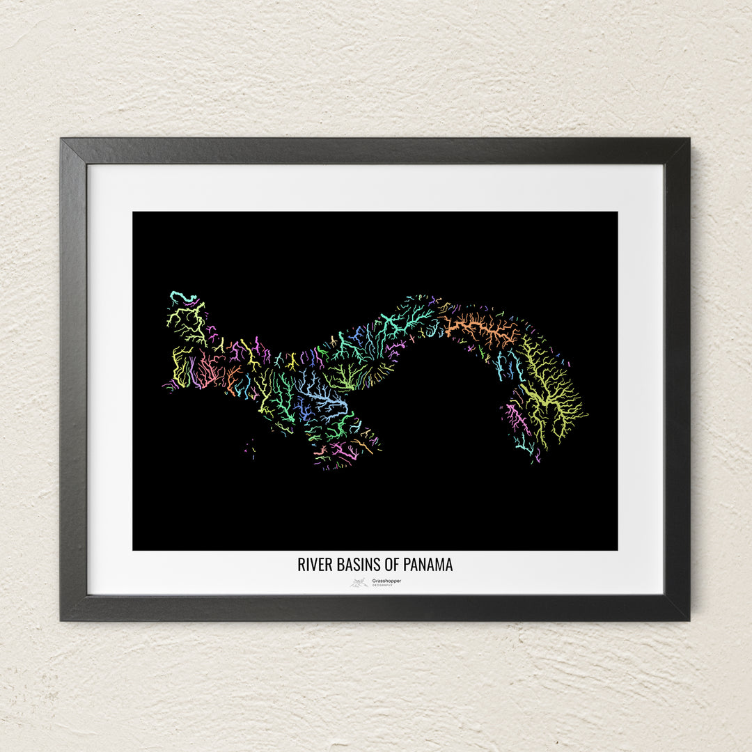 A colorful Grasshopper Geography river map on a light wall. The premium fine art poster is in a black frame with a white border. The name of the country, continent or region is printed under the image.