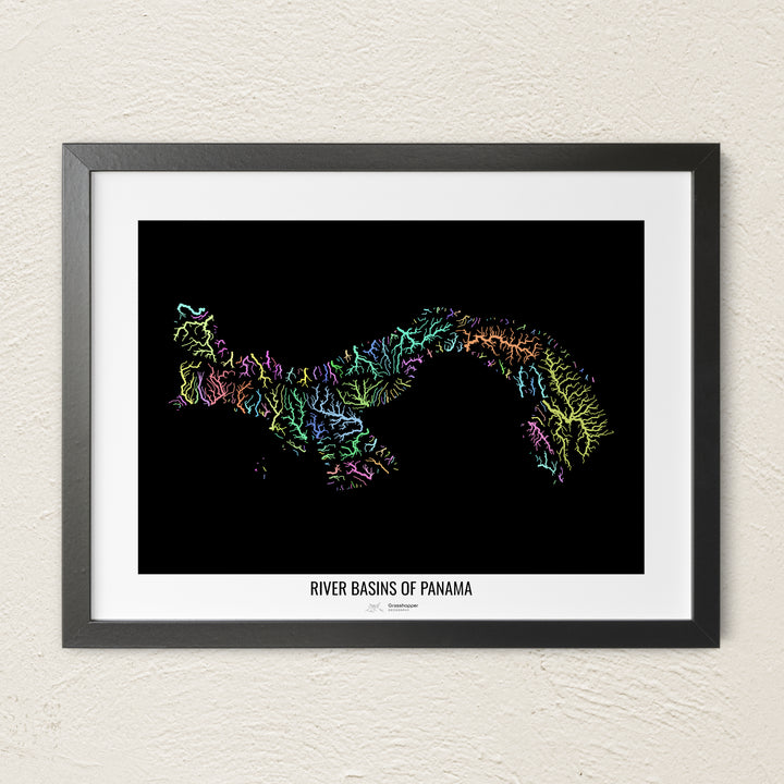 A colorful Grasshopper Geography river map on a light wall. The premium fine art poster is in a black frame with a white border. The name of the country, continent or region is printed under the image.