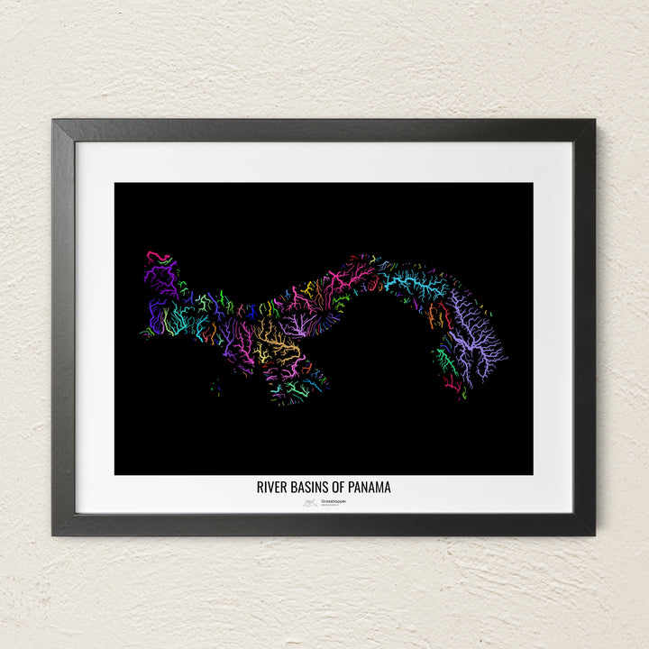 A colorful Grasshopper Geography river map on a light wall. The premium fine art poster is in a black frame with a white border. The name of the country, continent or region is printed under the image.