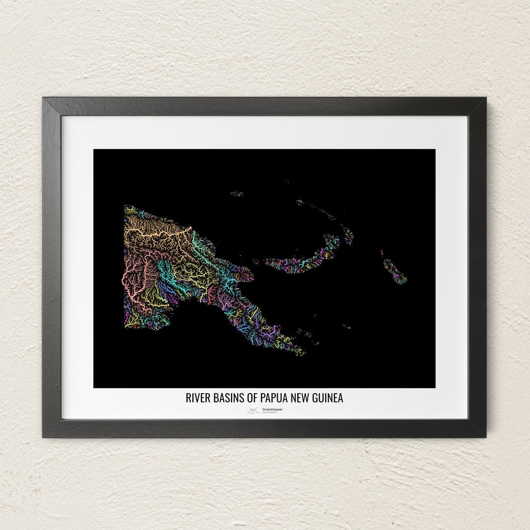 A colorful Grasshopper Geography river map on a light wall. The premium fine art poster is in a black frame with a white border. The name of the country, continent or region is printed under the image.