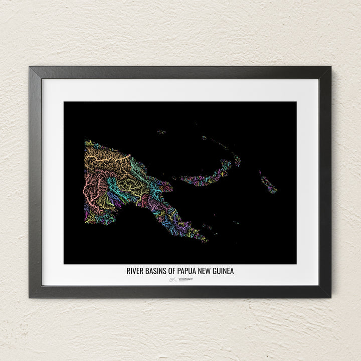 A colorful Grasshopper Geography river map on a light wall. The premium fine art poster is in a black frame with a white border. The name of the country, continent or region is printed under the image.