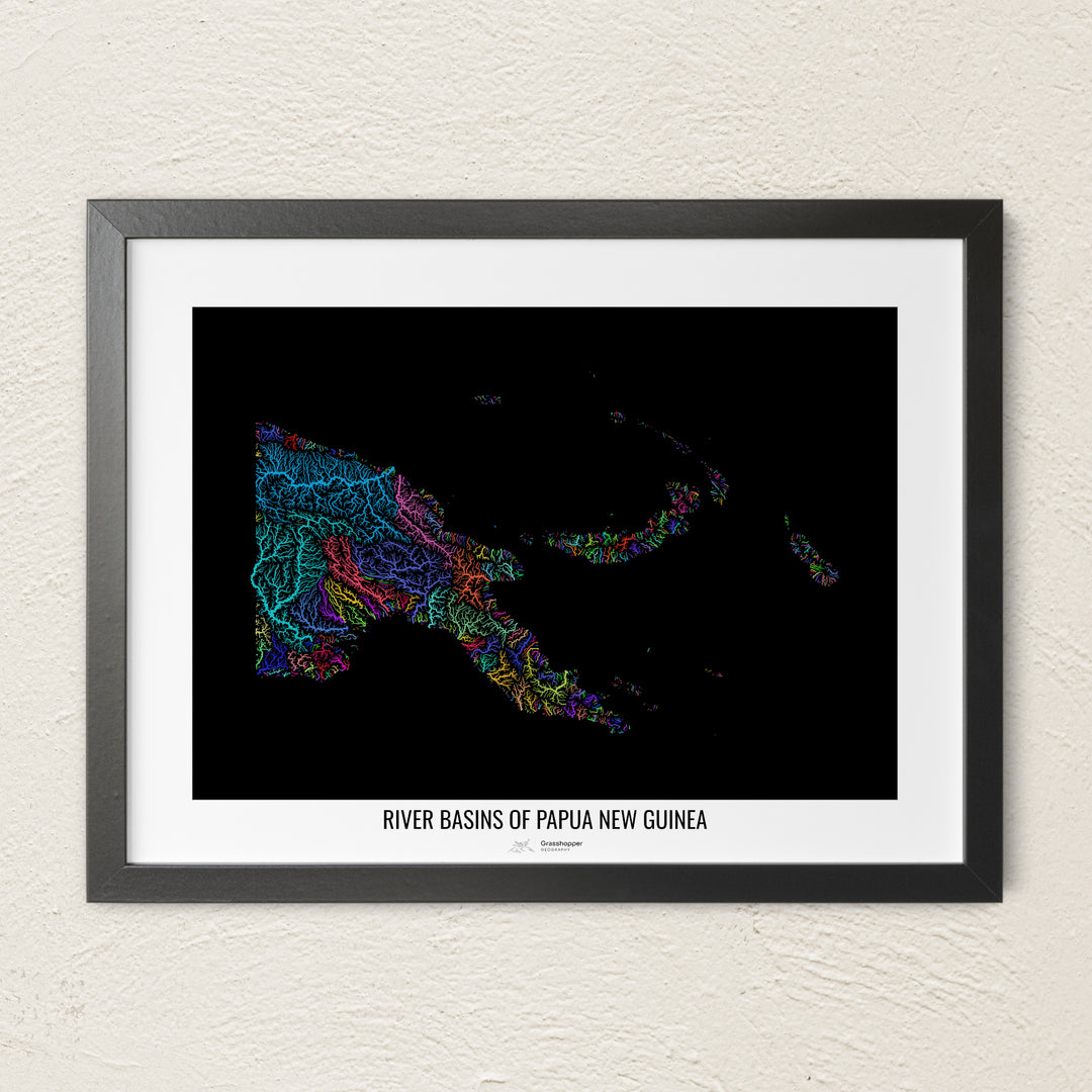 A colorful Grasshopper Geography river map on a light wall. The premium fine art poster is in a black frame with a white border. The name of the country, continent or region is printed under the image.