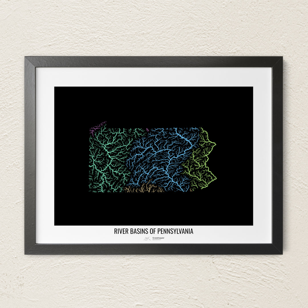 A colorful Grasshopper Geography river map on a light wall. The premium fine art poster is in a black frame with a white border. The name of the country, continent or region is printed under the image.