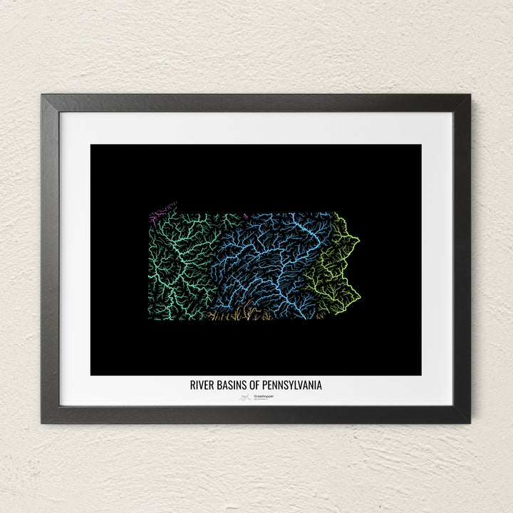 A colorful Grasshopper Geography river map on a light wall. The premium fine art poster is in a black frame with a white border. The name of the country, continent or region is printed under the image.