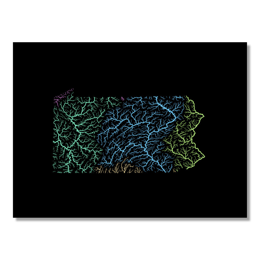 Pennsylvania - River basin map, pastel colours - Wall Art by Grasshopper Geography. Image of a high-resolution map created by geographer Robert Szucs, available as wall art and for licensing.