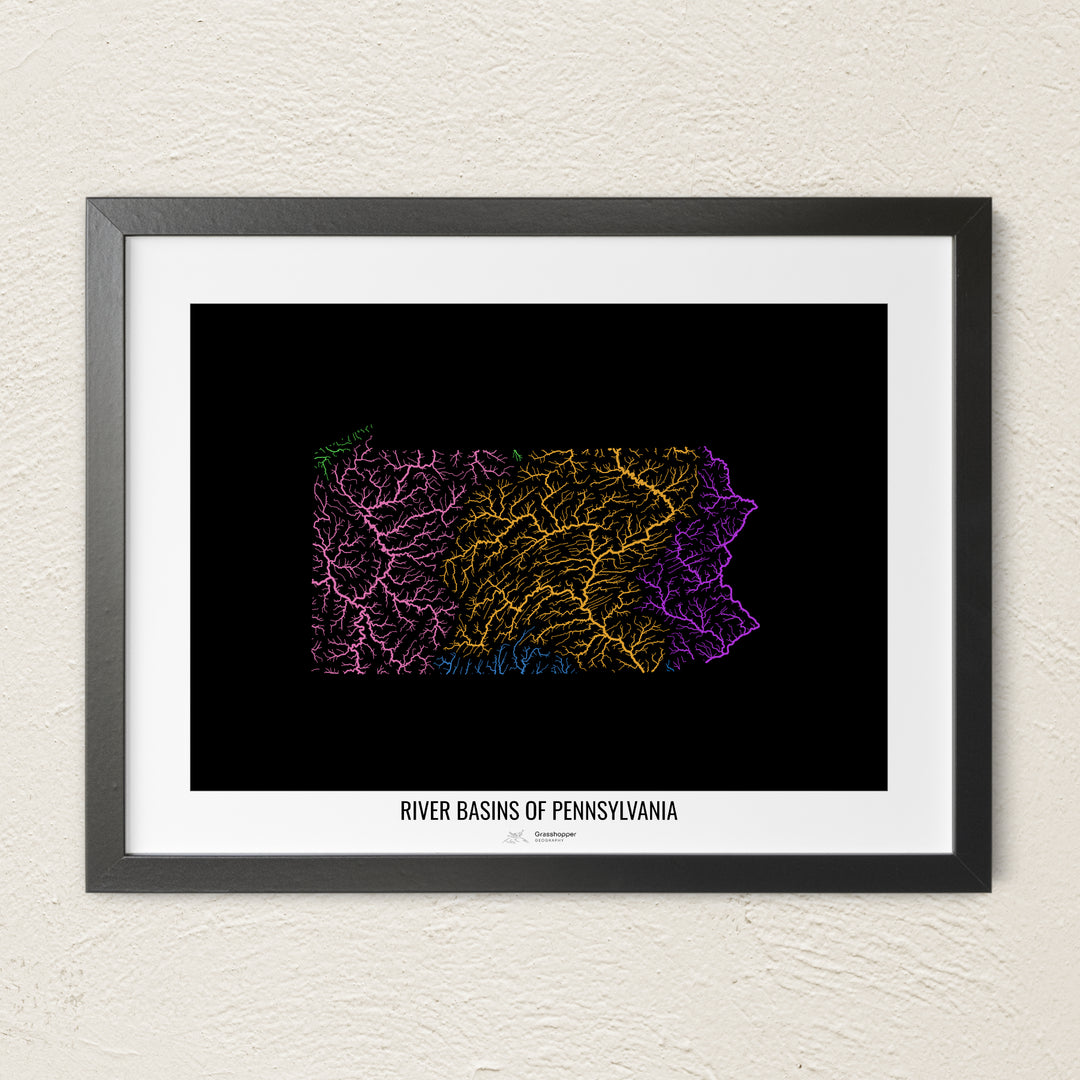 A colorful Grasshopper Geography river map on a light wall. The premium fine art poster is in a black frame with a white border. The name of the country, continent or region is printed under the image.