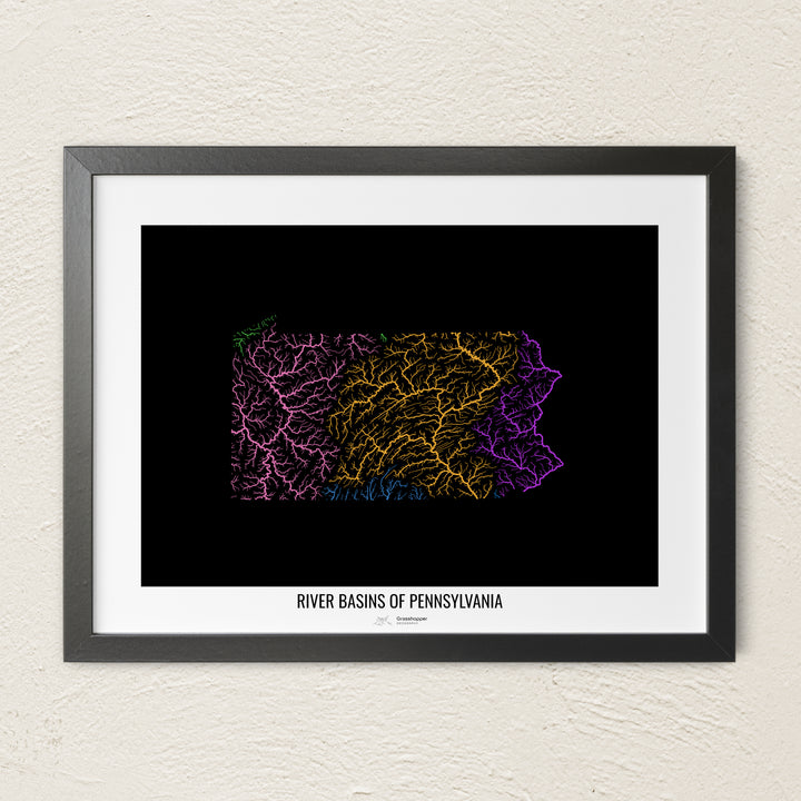 A colorful Grasshopper Geography river map on a light wall. The premium fine art poster is in a black frame with a white border. The name of the country, continent or region is printed under the image.