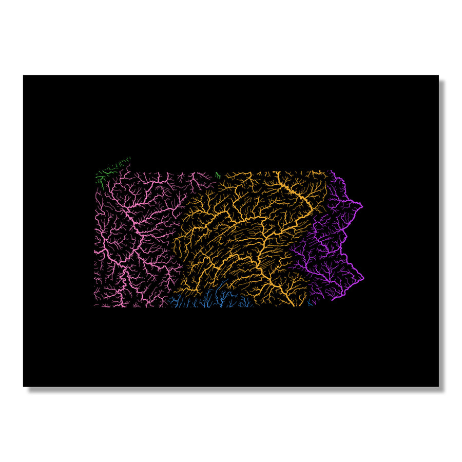 Pennsylvania - River basin map, rainbow colours - Wall Art by Grasshopper Geography. Image of a high-resolution map created by geographer Robert Szucs, available as wall art and for licensing.