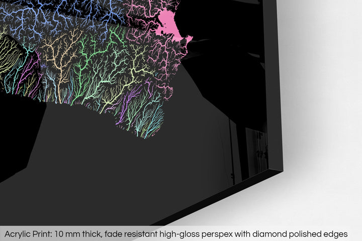 Closeup of an acrylic panel's corner, the details of a Grasshopper Geography map is visible. The text at the bottom reads: Acrylic print - 10 mm thick, fade reistant high-gloss perspex with diamond polished edges.