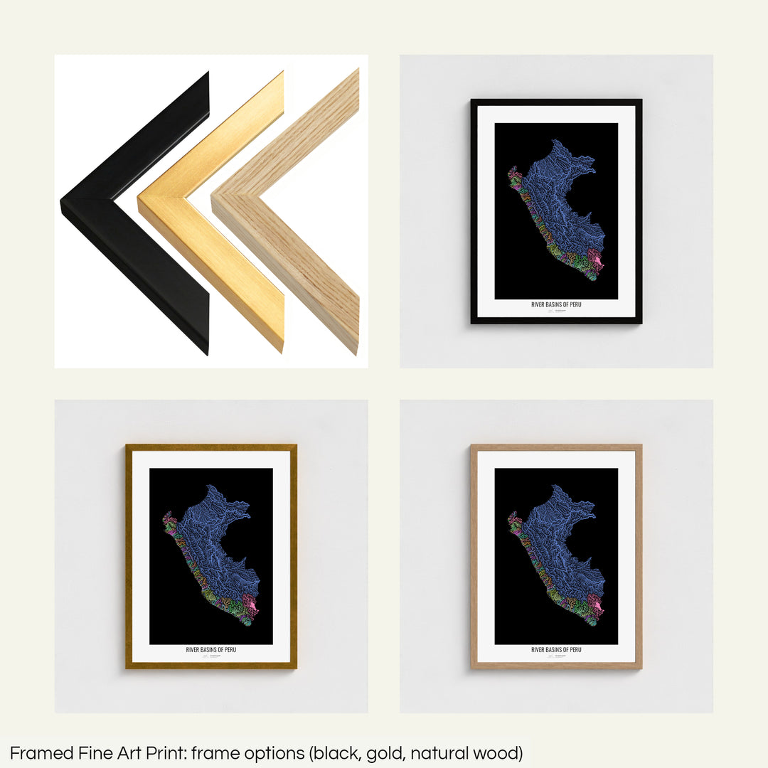 The image shows the different frames available at Grasshopper Geography's map shop: black, golden and natural wood. The image is a collection of four smaller pictures: the first one shows the wooden frames up close, the other three are mockups of the printed map in each frame.