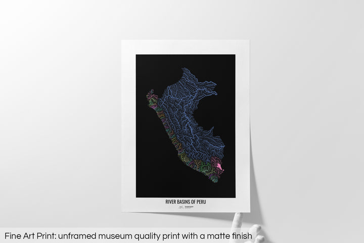Unframed fine art print of a colourful map with a thick white mat. The title of the map and the Grasshopper Geography logo is printed on the mat, below the image. The map print lies flat on a white surface, a hand holding up one of the corners. The bottom text reads: Fine art print - unframed museum quality print with a matte finish.