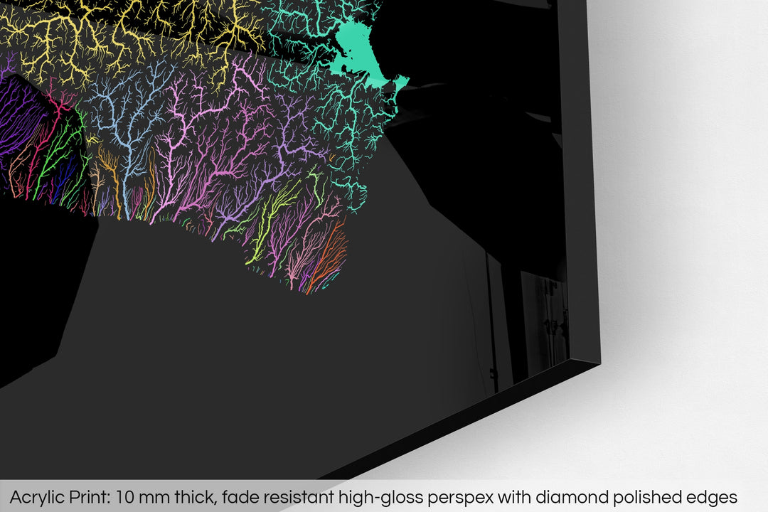 Closeup of an acrylic panel's corner, the details of a Grasshopper Geography map is visible. The text at the bottom reads: Acrylic print - 10 mm thick, fade reistant high-gloss perspex with diamond polished edges.