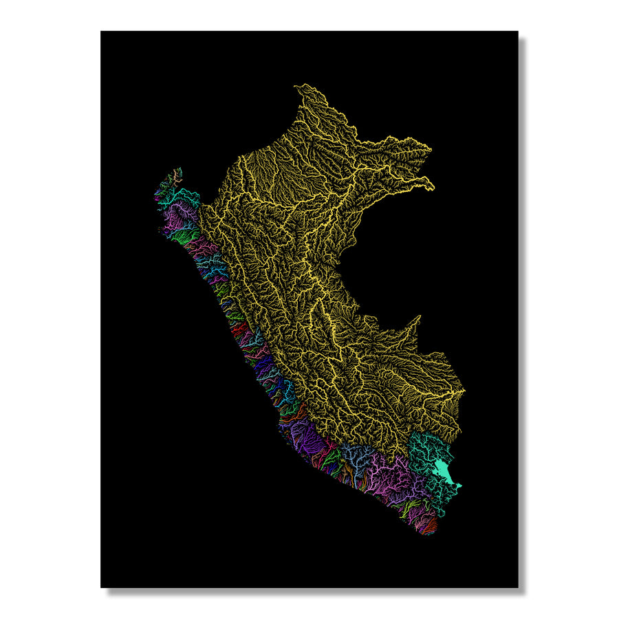 Peru - River basin map, rainbow colours - Wall Art by Grasshopper Geography. Image of a high-resolution map created by geographer Robert Szucs, available as wall art and for licensing.