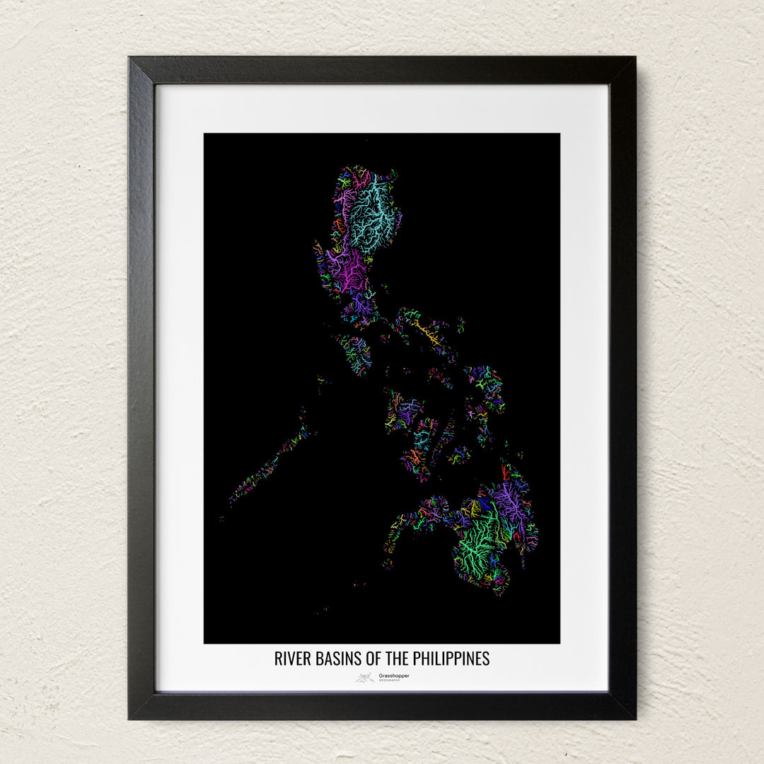 A colorful Grasshopper Geography river map on a light wall. The premium fine art poster is in a black frame with a white border. The name of the country, continent or region is printed under the image.