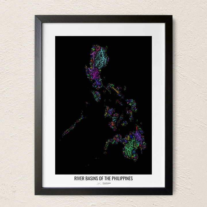 A colorful Grasshopper Geography river map on a light wall. The premium fine art poster is in a black frame with a white border. The name of the country, continent or region is printed under the image.