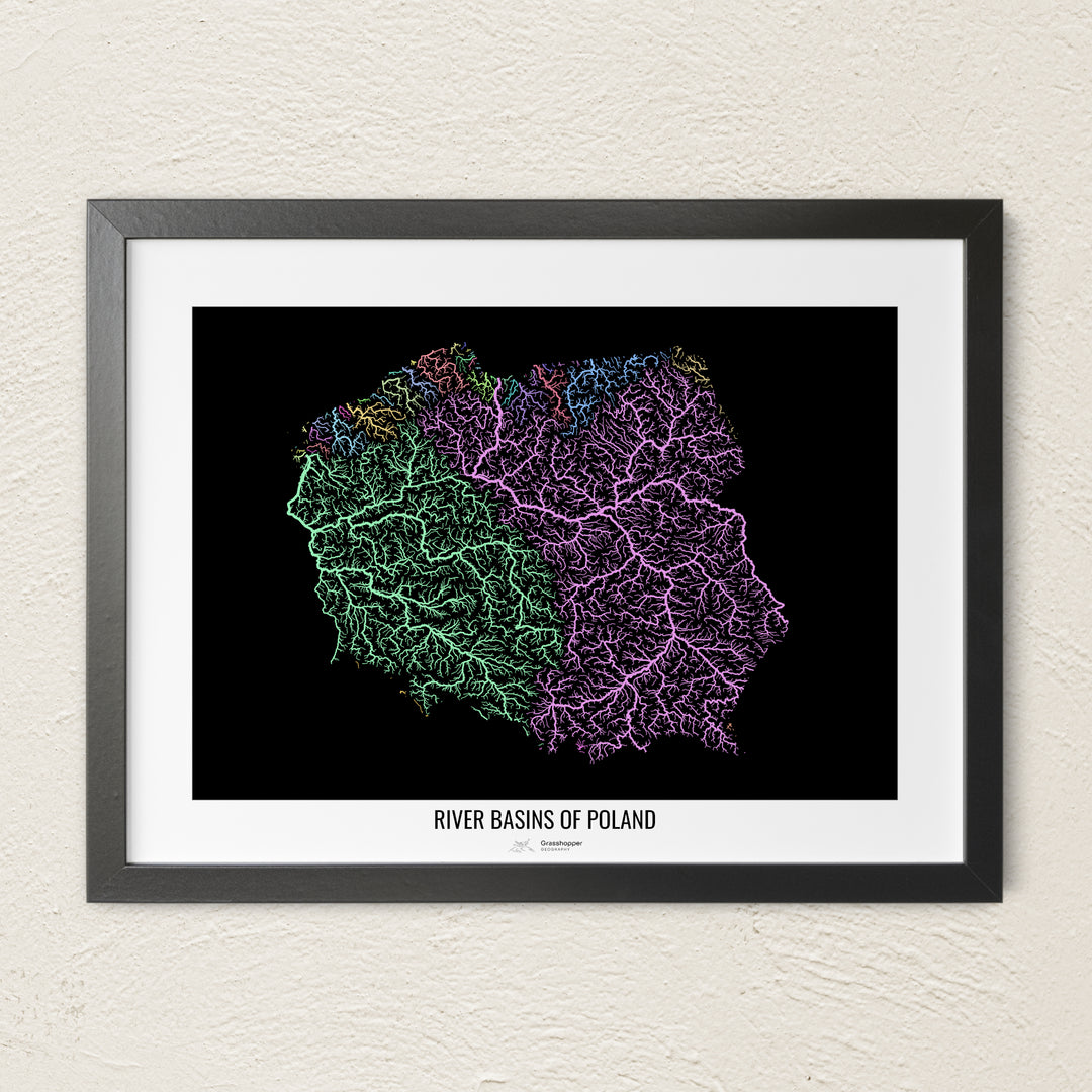 A colorful Grasshopper Geography river map on a light wall. The premium fine art poster is in a black frame with a white border. The name of the country, continent or region is printed under the image.