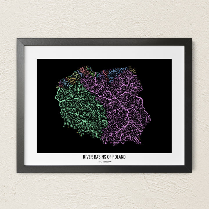 A colorful Grasshopper Geography river map on a light wall. The premium fine art poster is in a black frame with a white border. The name of the country, continent or region is printed under the image.