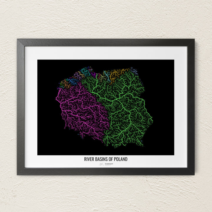 A colorful Grasshopper Geography river map on a light wall. The premium fine art poster is in a black frame with a white border. The name of the country, continent or region is printed under the image.