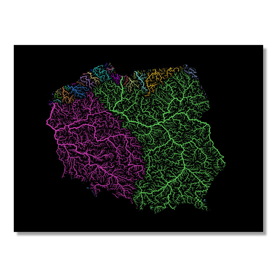 Poland - River basin map, rainbow colours - Wall Art by Grasshopper Geography. Image of a high-resolution map created by geographer Robert Szucs, available as wall art and for licensing.