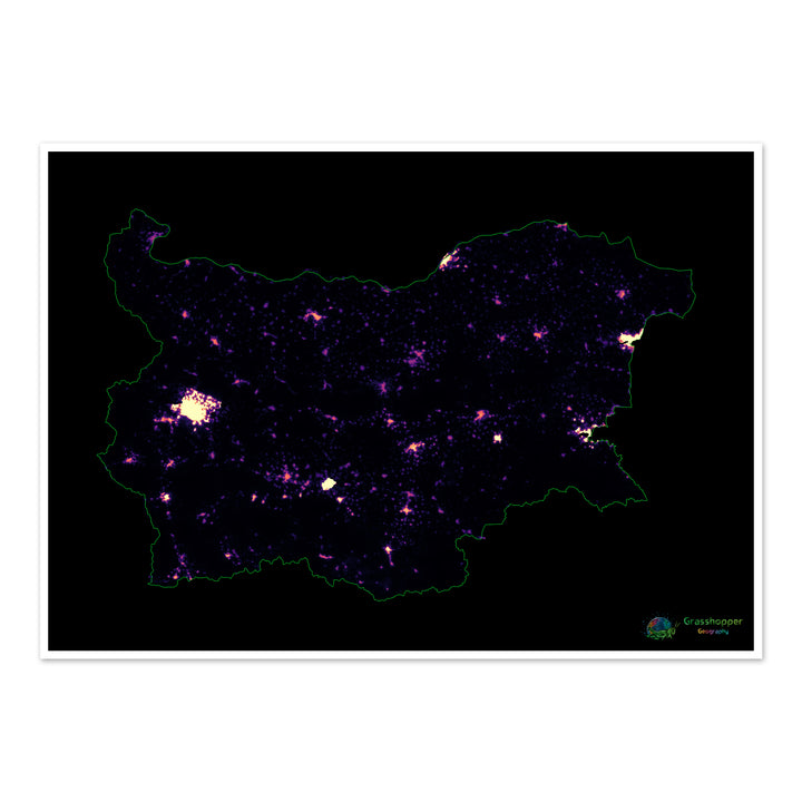 Bulgarie - Carte thermique de la densité de population - Fine Art Print