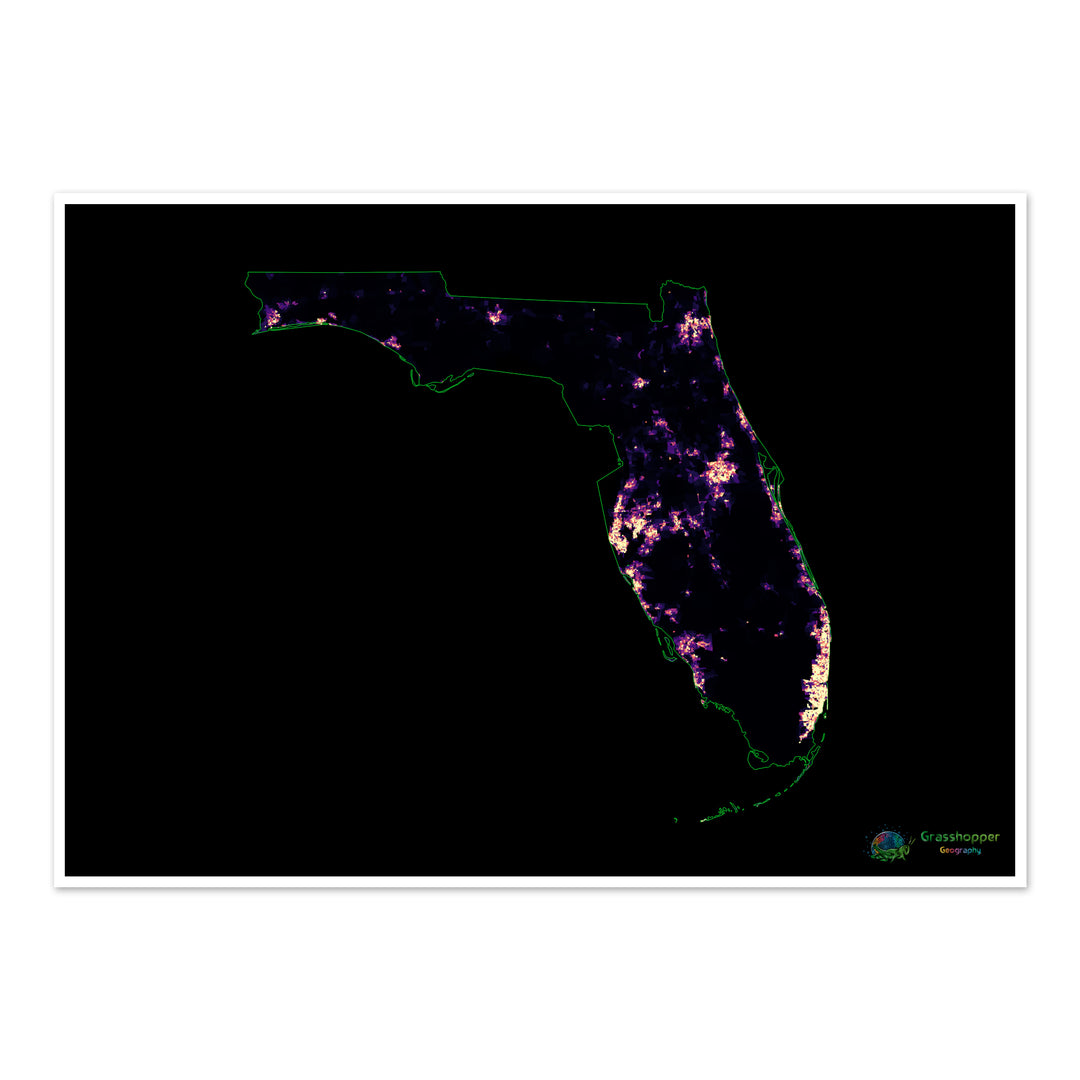 Florida - Mapa de calor de densidad de población - Impresión de bellas artes