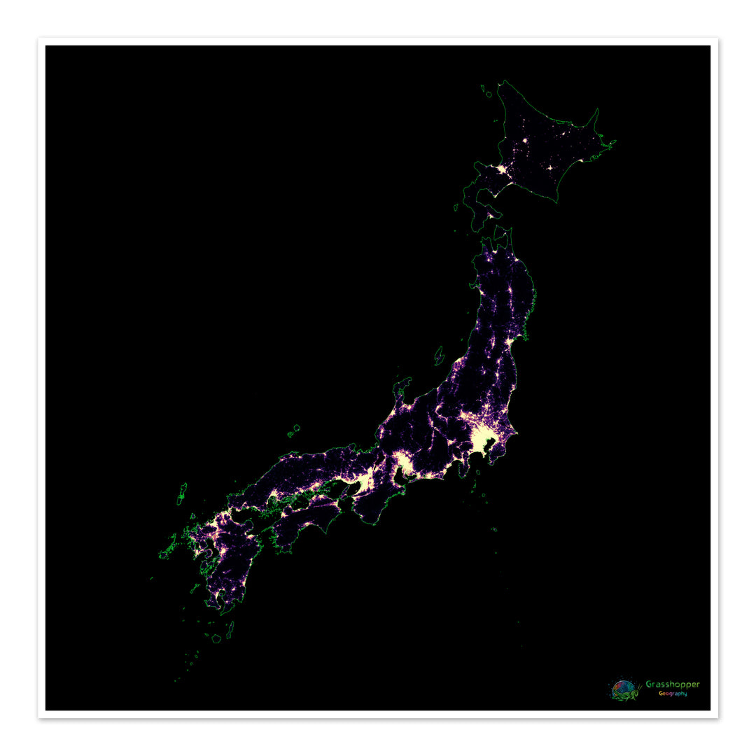 Japon - Carte thermique de la densité de population - Fine Art Print