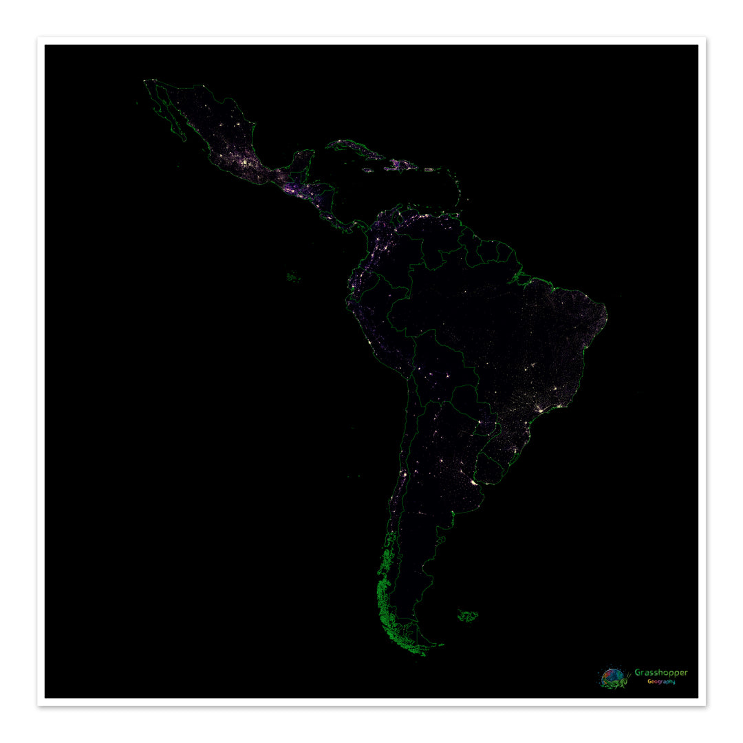 América Latina - Mapa de calor de densidad de población - Impresión de Bellas Artes