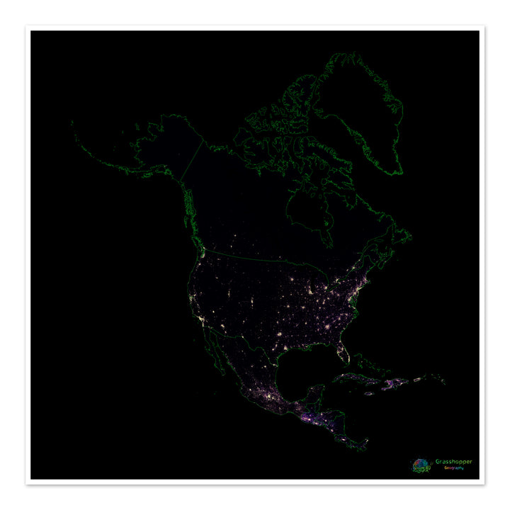 Amérique du Nord - Carte thermique de la densité de population - Fine Art Print