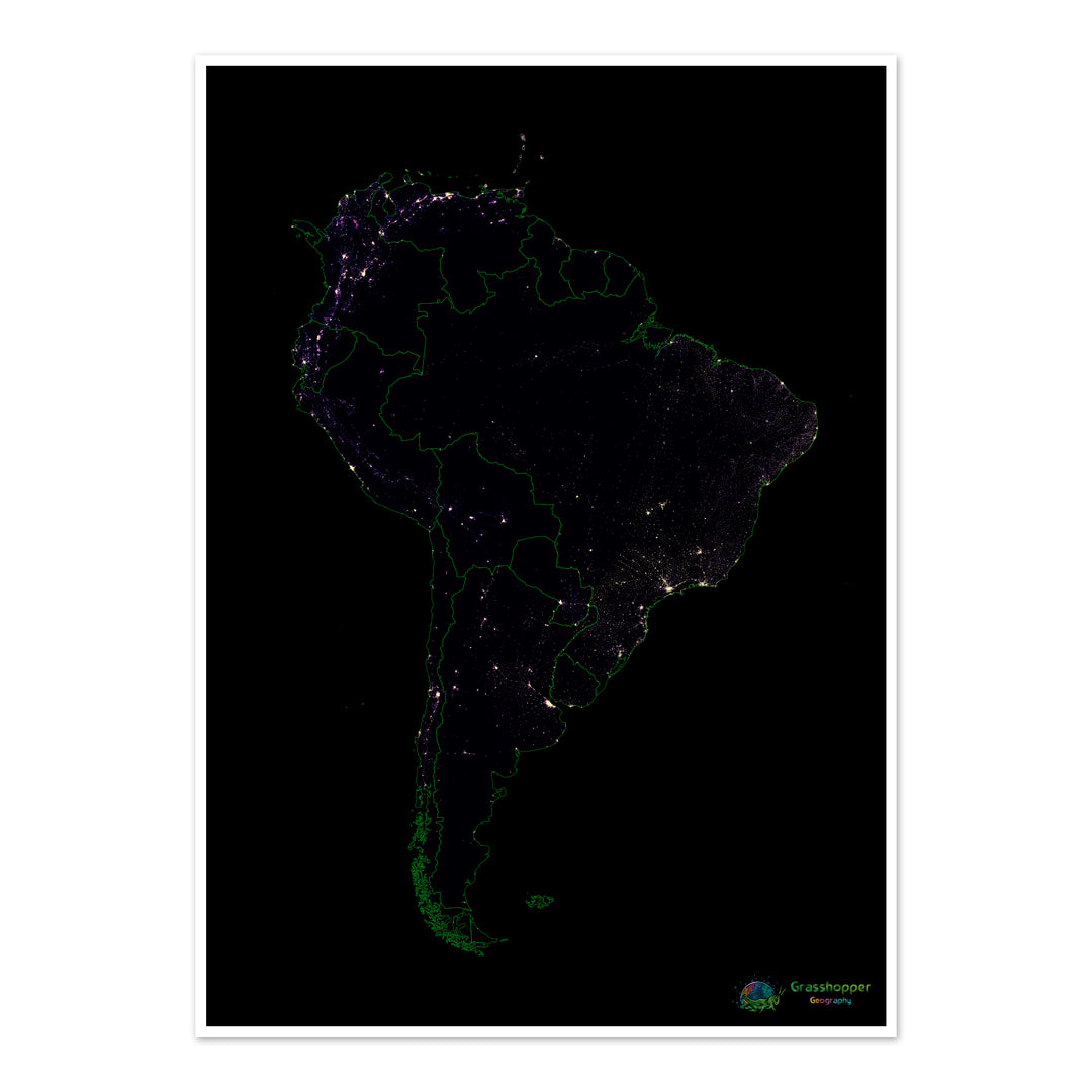 Amérique du Sud - Carte thermique de la densité de population - Fine Art Print