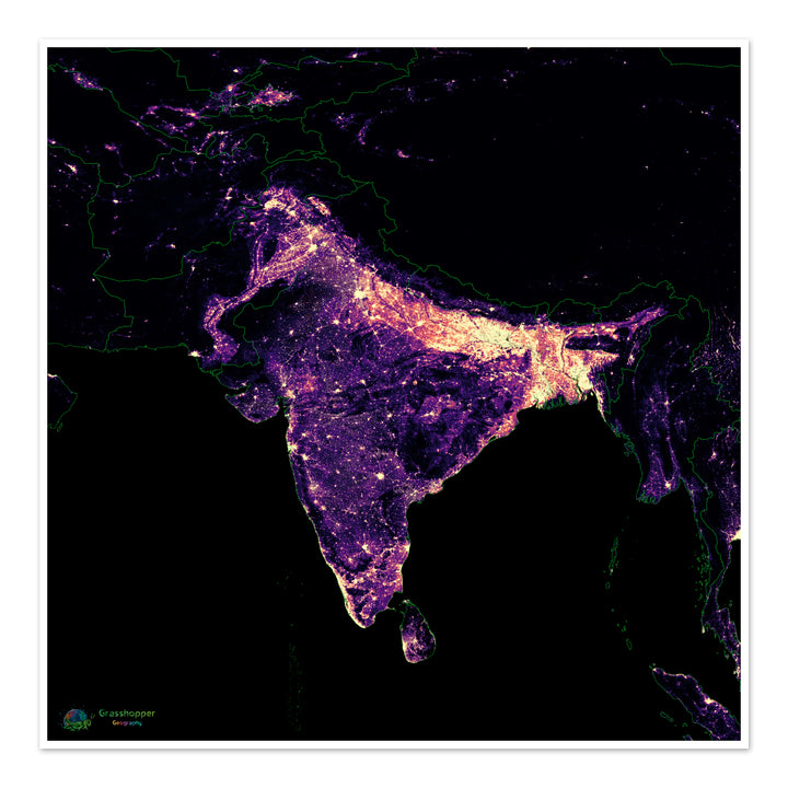 Sur de Asia - Mapa de calor de densidad de población - Impresión de bellas artes
