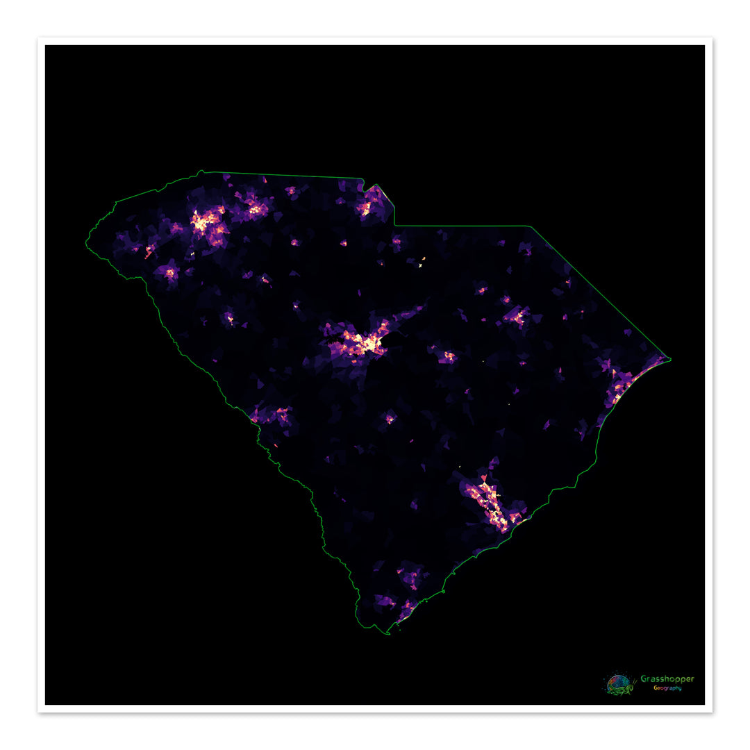 Carolina del Sur - Mapa de calor de densidad de población - Impresión de bellas artes