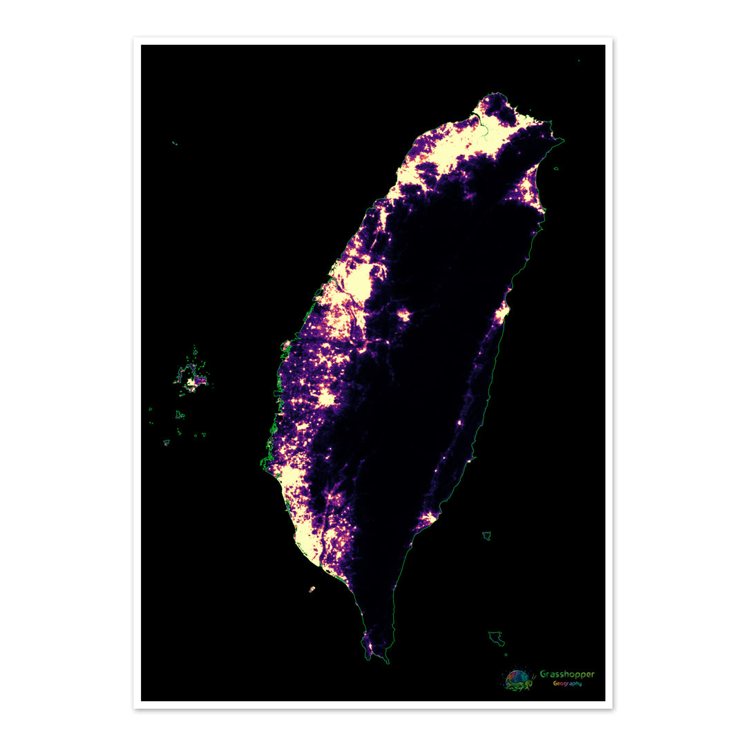 Taïwan - Carte thermique de la densité de population - Fine Art Print