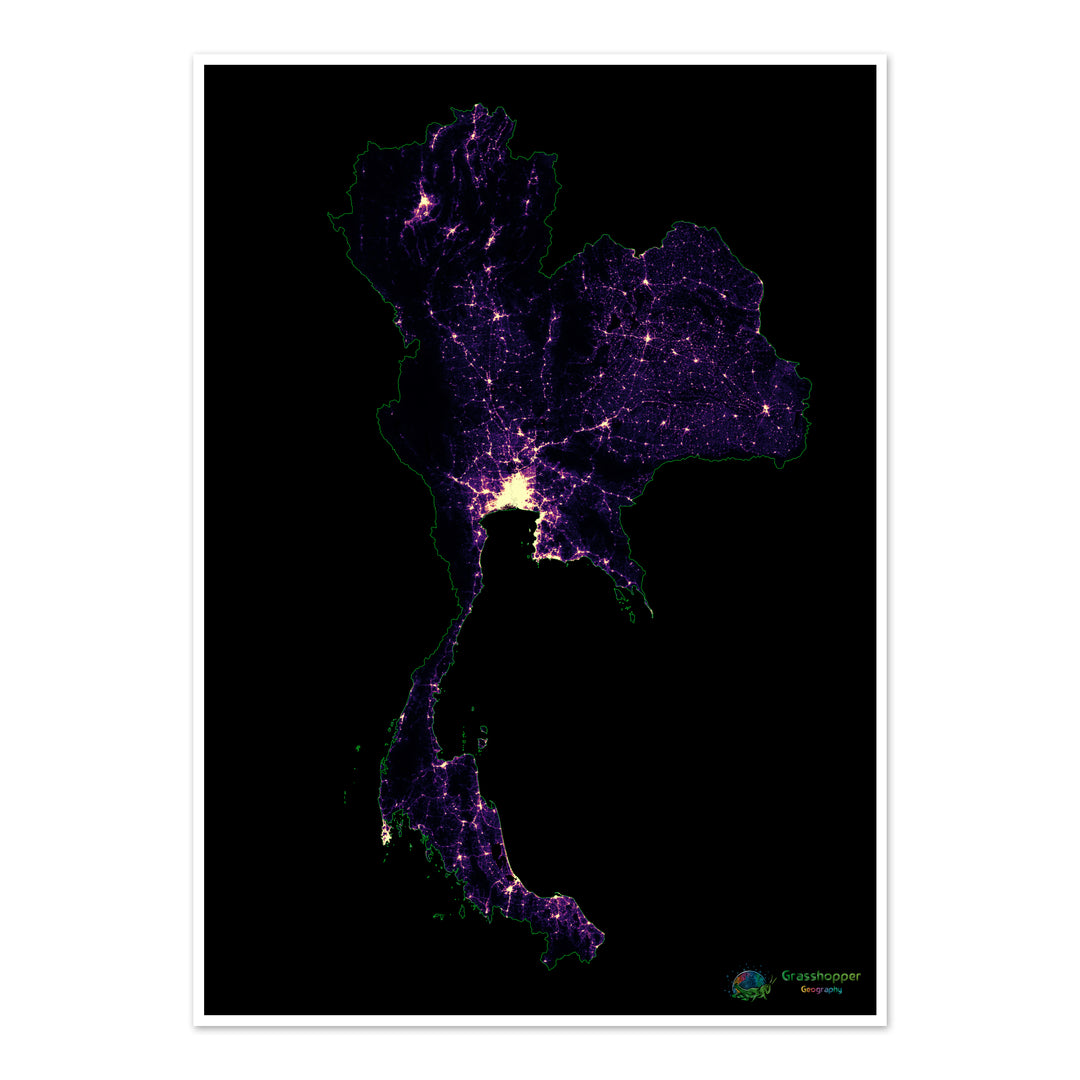 Thaïlande - Carte thermique de la densité de population - Fine Art Print