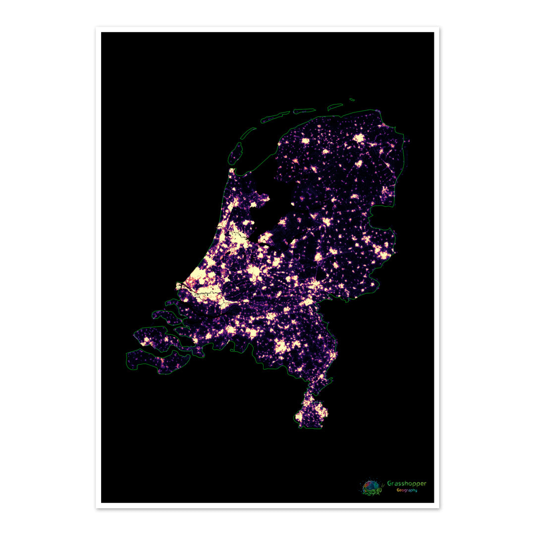 Pays-Bas - Carte thermique de la densité de population - Fine Art Print