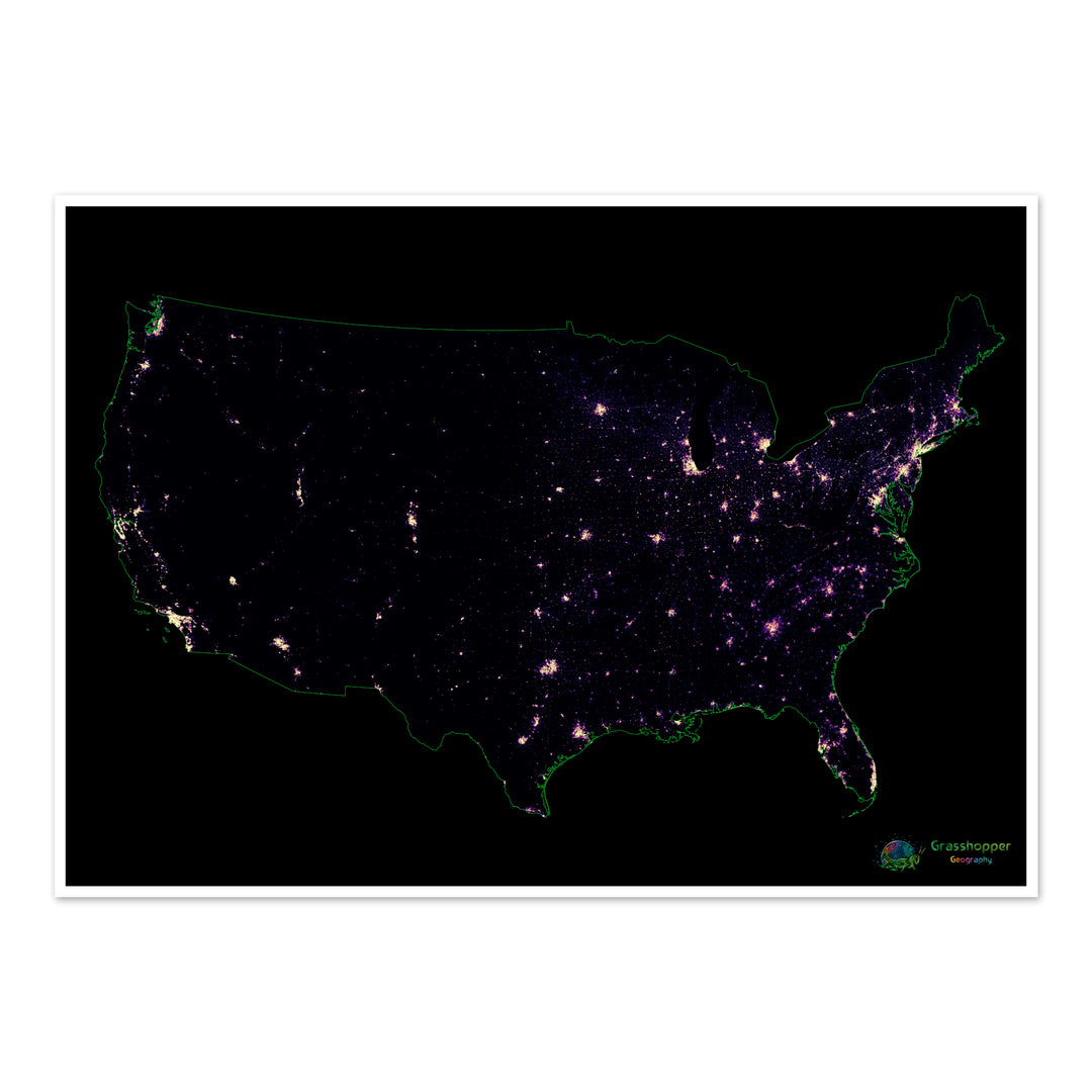 Estados Unidos - Mapa de calor de densidad de población - Impresión de bellas artes